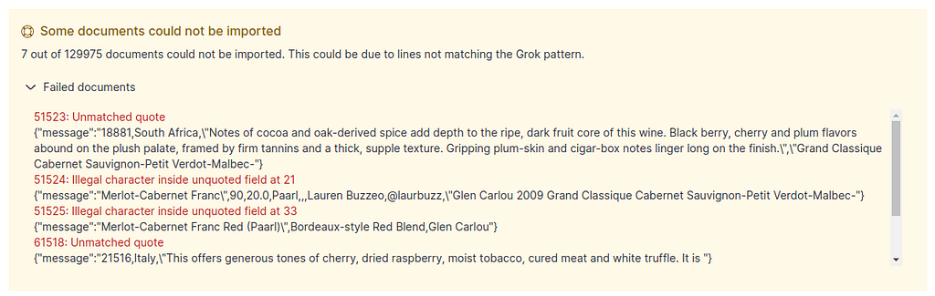 Examples of error in Kibana, some documents could not be imported.