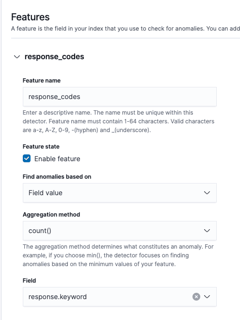 Form to define anomaly detector features in OpenSearch