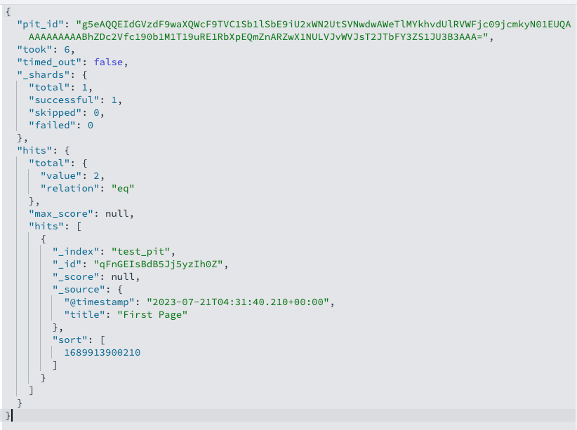 Example of scenario where If we run the first query that returns results sorted by @timestamp asc, the “First Page” document will be returned because “Page Zero” is outside this “Point in Time’s” context.