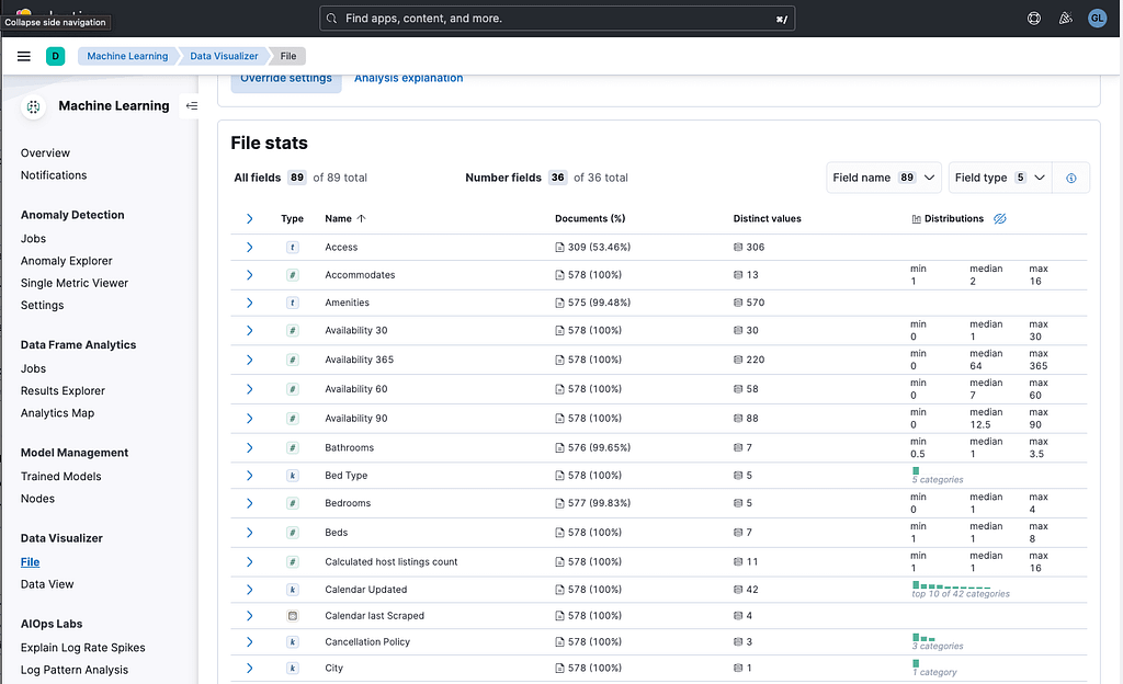 Importing the dataset by going to Machine Learning > File in Kibana and loading the CSV file you just exported from opendatasoft.