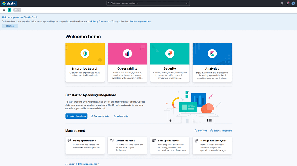 Homepage of Kibana instance.