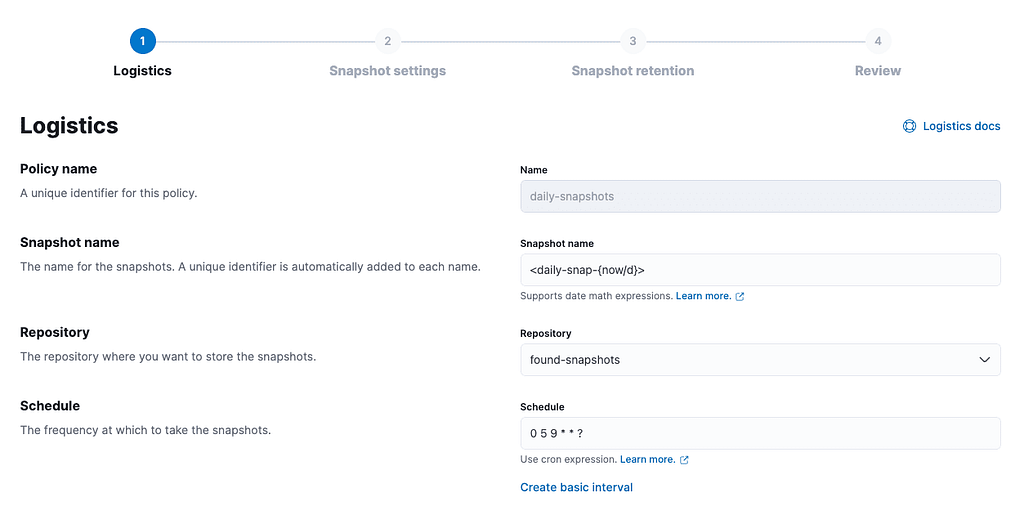 Logistics settings in Kibana while configuring an Elasticsearch SLM policy.