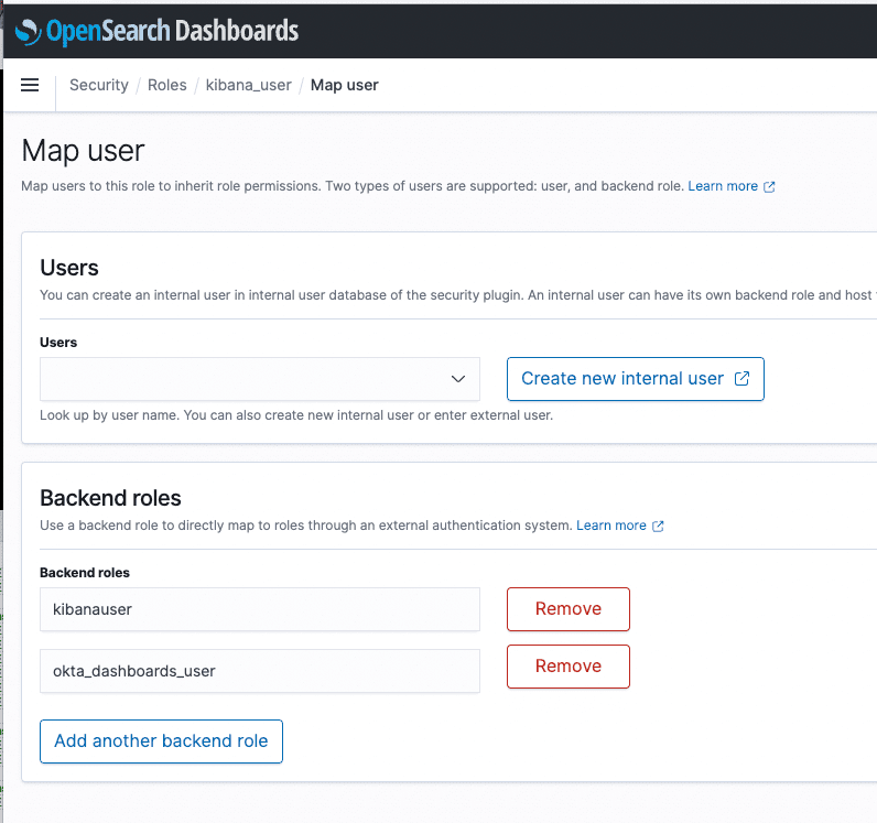 OpenSearch Dashboards map user tab.