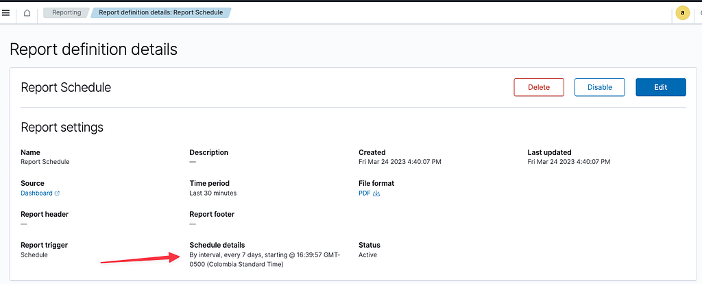 Setting the frequency to daily or interval on OpenSearch Dashboards reporting.