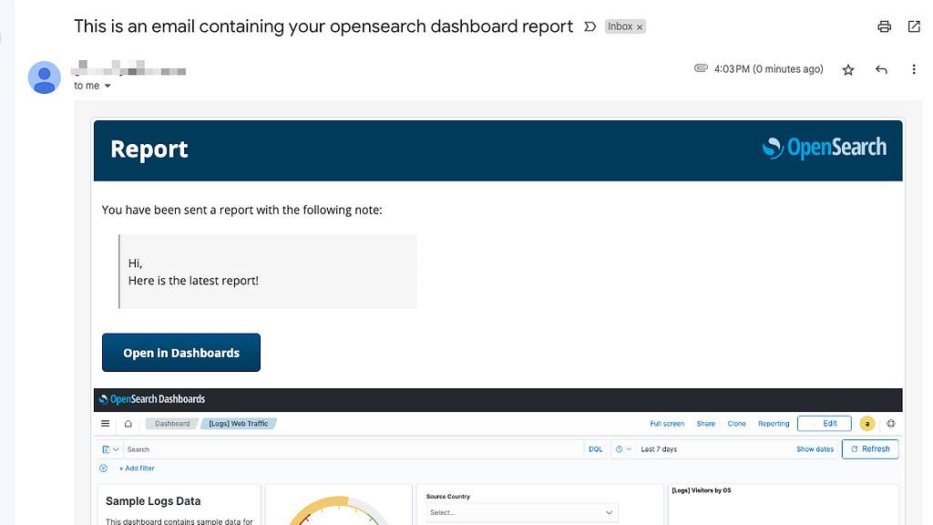 Example of an email containing the OpenSearch Dashboard report.