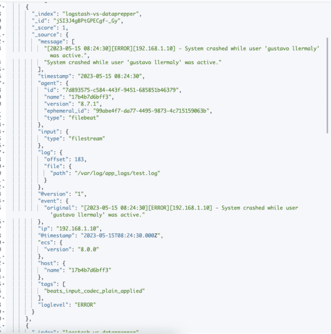 Example of logs in Kibana.