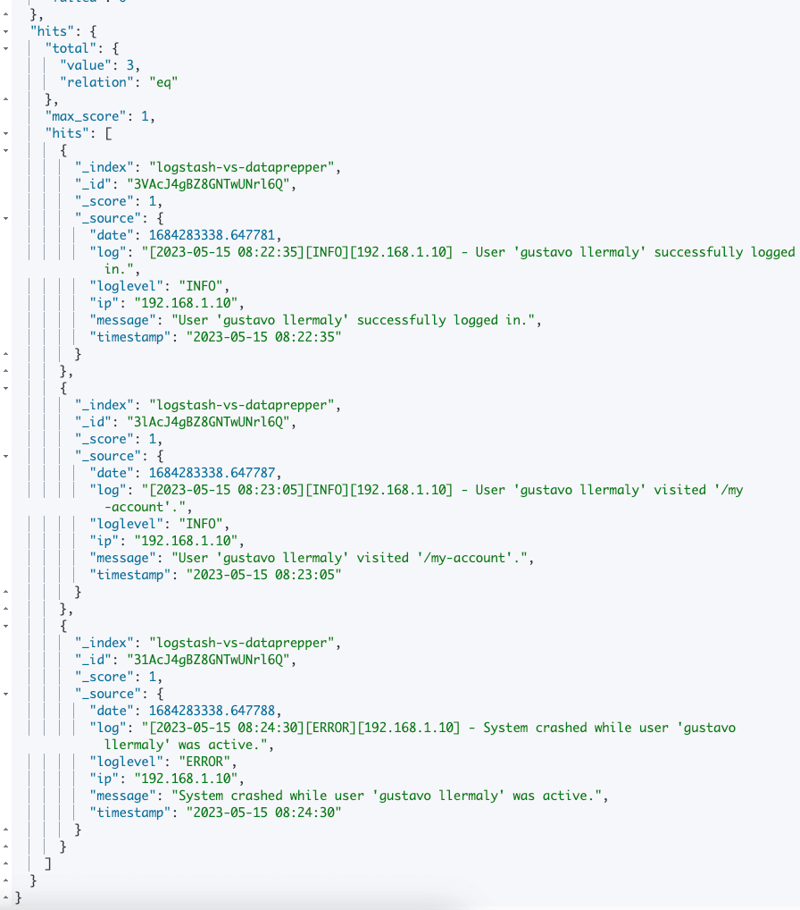 Example of logs in the OpenSearch Dashboards.