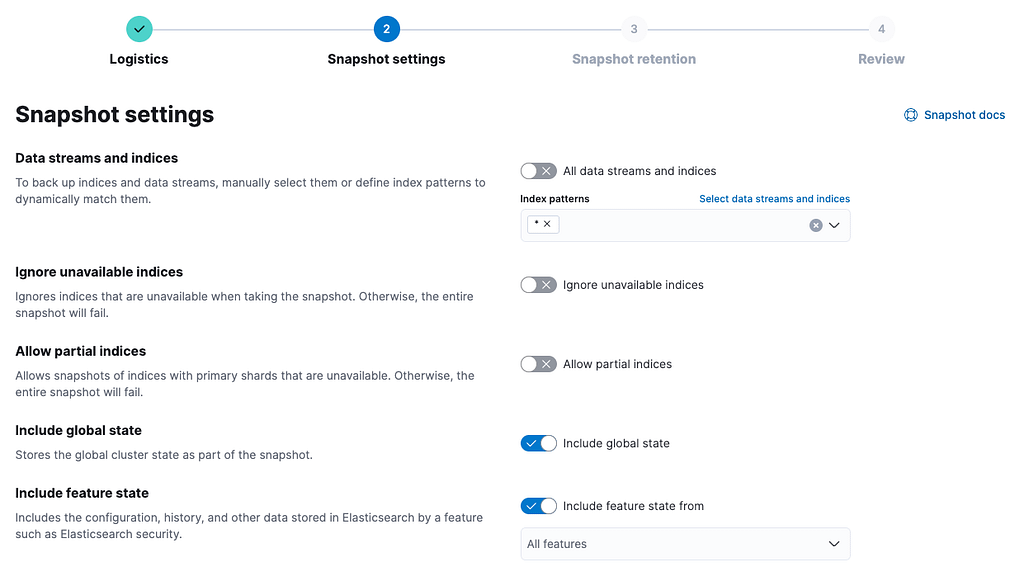 Snapshot settings in Kibana while configuring an Elasticsearch SLM policy.