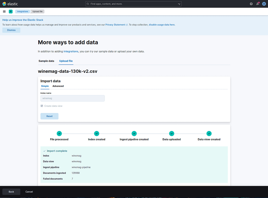 Input winemag and click on the Import button in Kibana.